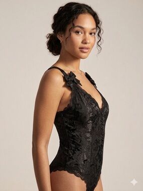 Vintage Victoria's Secret Black Floral Lace Bodysuit with Bow Straps